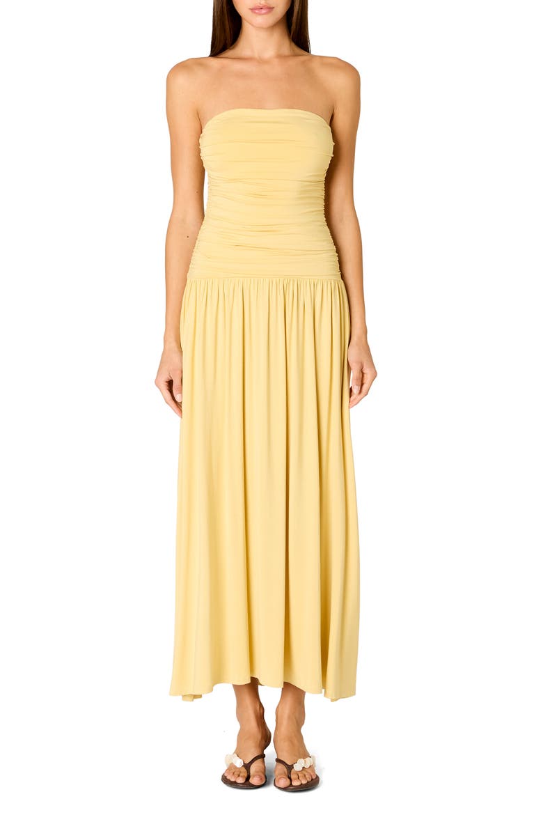 Santal Ruched Strapless Midi Dress, Main, color, MAIZE