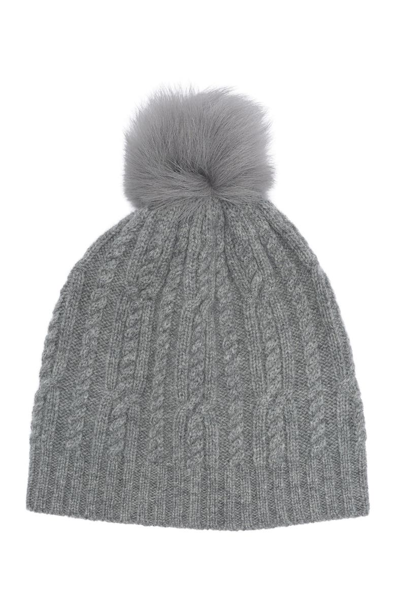 Sofia Cashmere Cashmere Cable Knit Genuine Shearling Pompom Beanie, Main, color, Grey