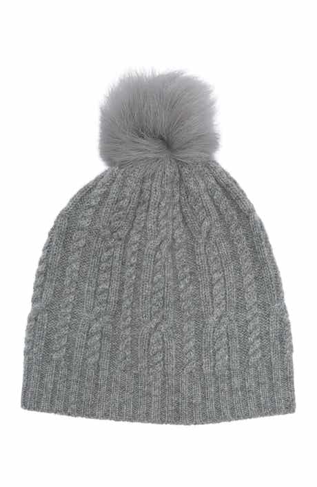 Sofia Cashmere Cashmere Cable Knit Genuine Shearling Pompom Beanie