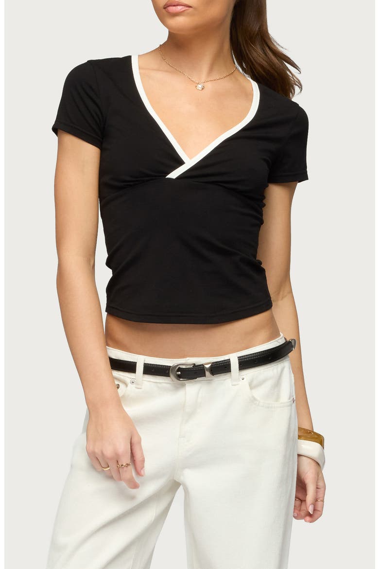 Yulenna Contrast Trim V-Neck Top, Main, color, BLACK