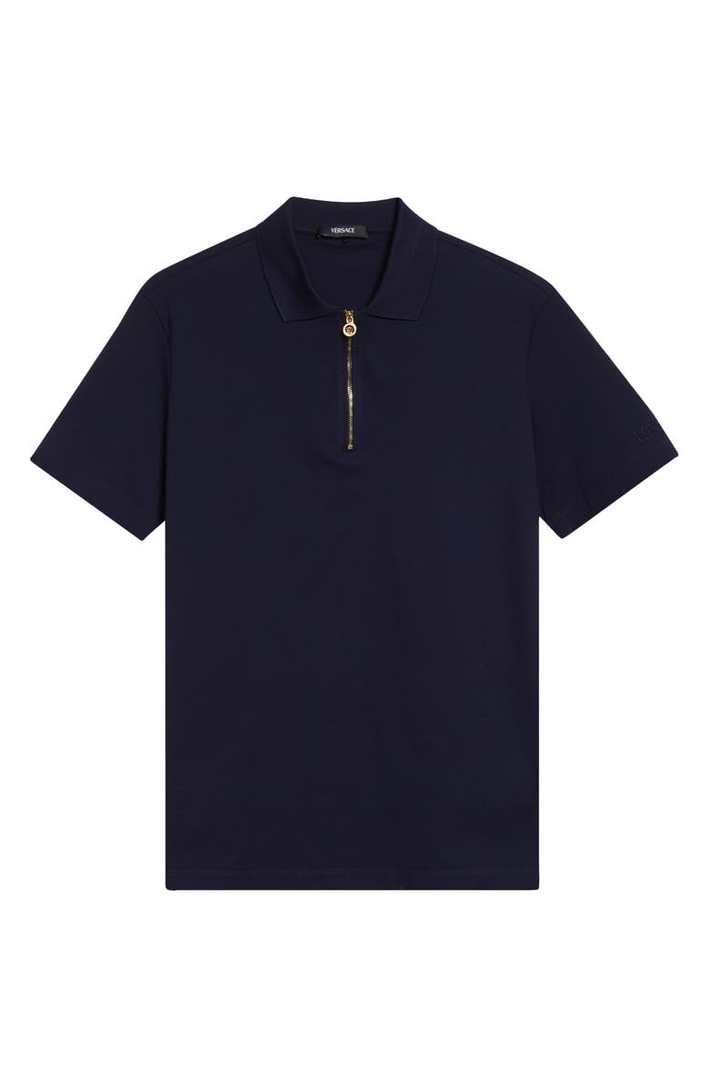 Versace Half Zip Cotton Piqué Polo, Main, color, Navy Blue