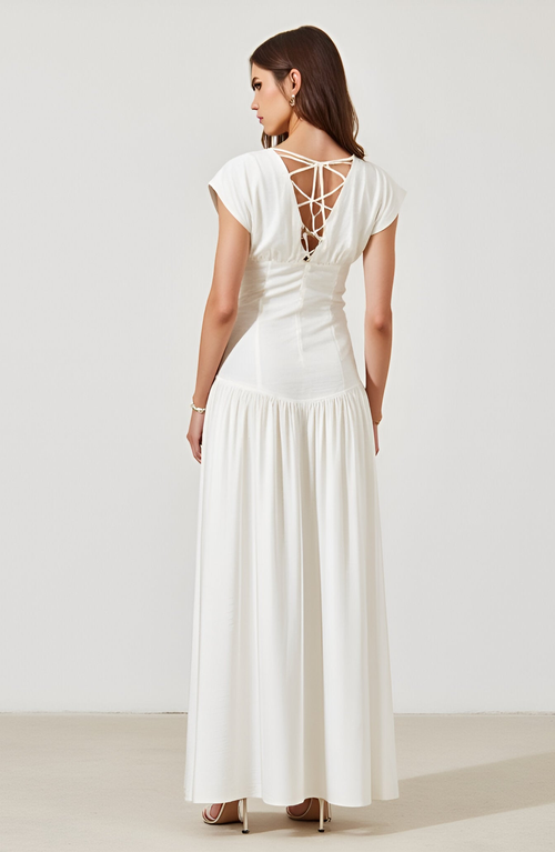 Modenaire Cap-sleeve Maxi Dress With Lace-up Back In White