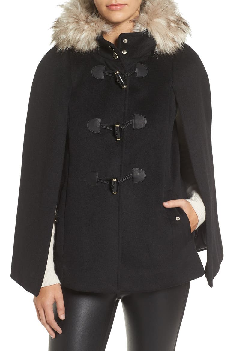 Toggle Cape with Faux Fur, Main, color, BLACK