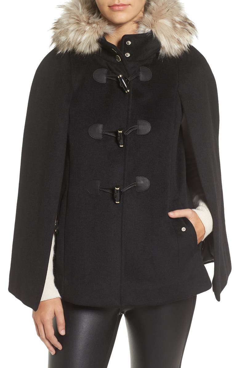 Eliza J Toggle Cape with Faux Fur, Main, color, 