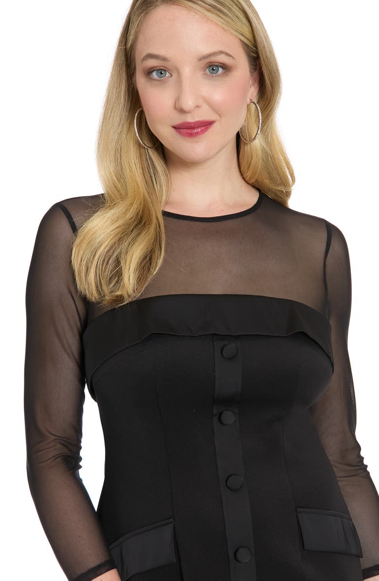 London Times Tuxedo Illusion Sleeve Minidress, Alternate, color, Black