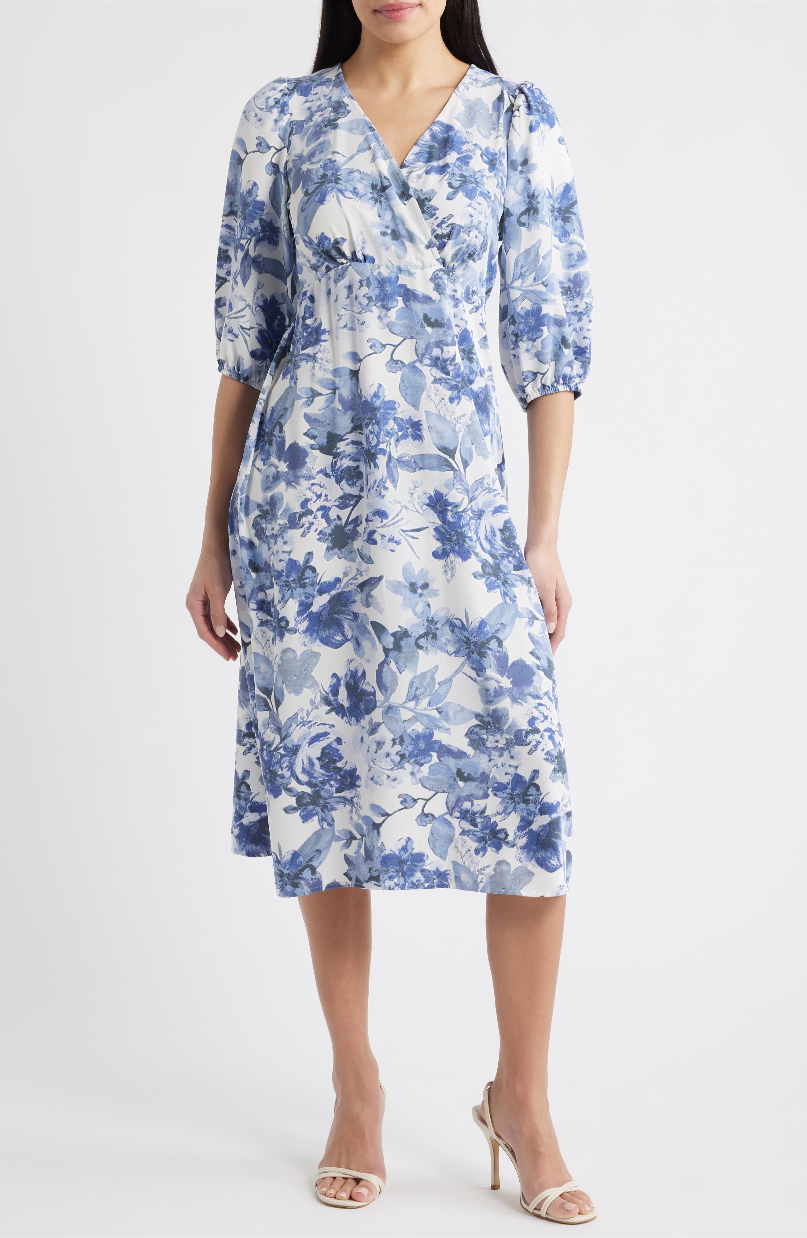 Floral Print Puff Shoulder Midi Dress