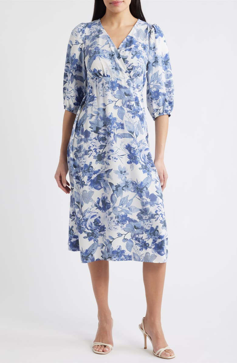 Connected Apparel Floral Print Puff Shoulder Midi Dress, Main, color, Blue