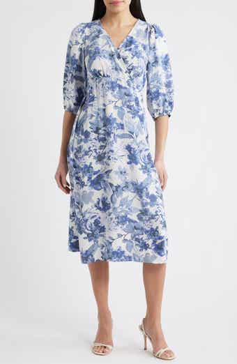 Floral Print Puff Shoulder Midi Dress