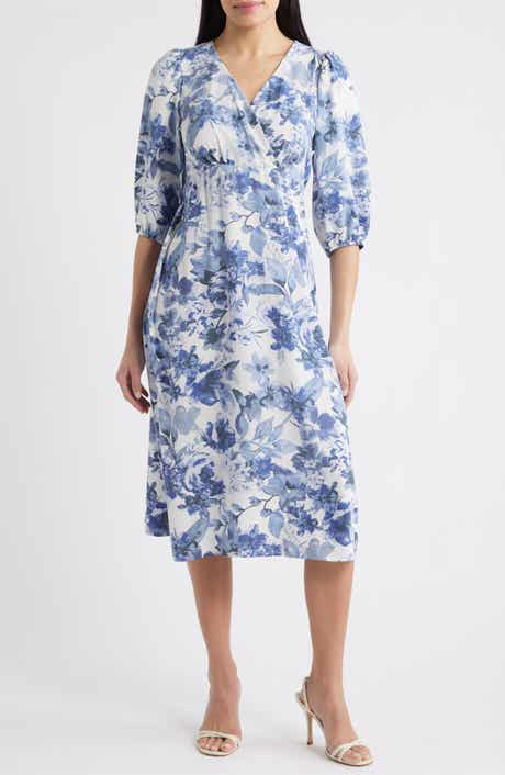 Floral Print Puff Shoulder Midi Dress