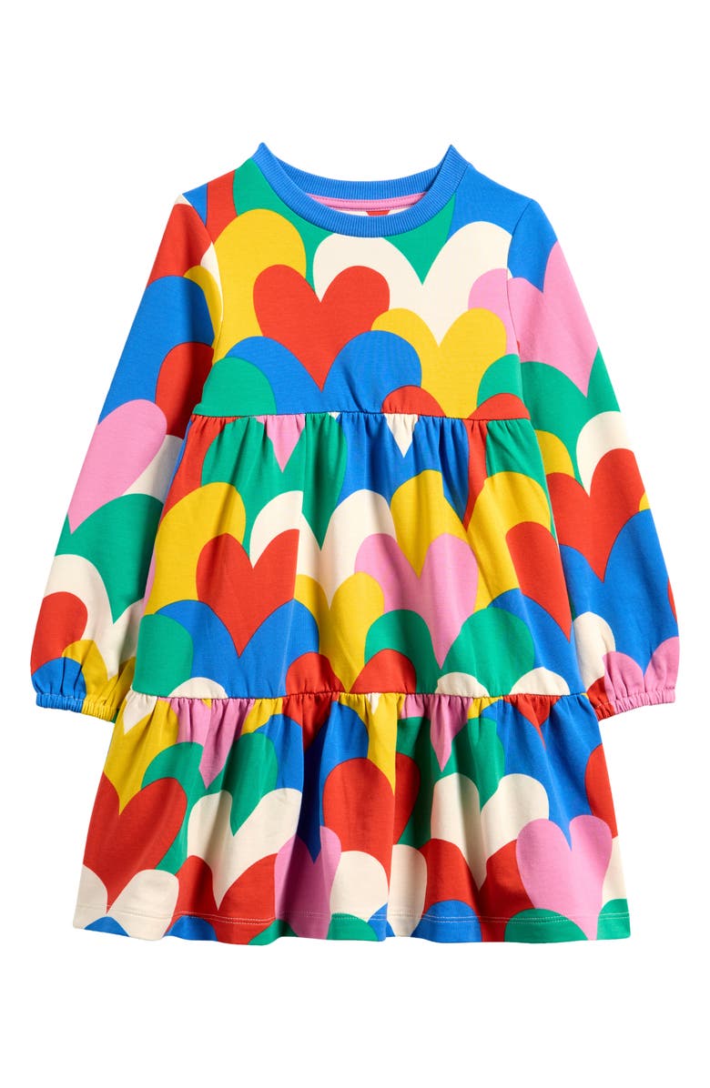 Mini Boden Kids' Heart Print Long Sleeve Tiered Sweatshirt Dress, Main, color,