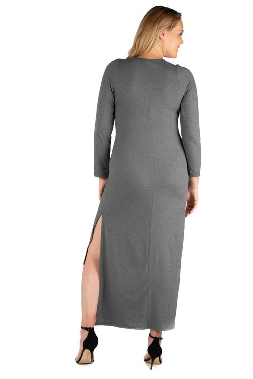 24seven Comfort Apparel Plus Size Long Sleeve Side Slit Fitted Black Maxi Dress In Gray