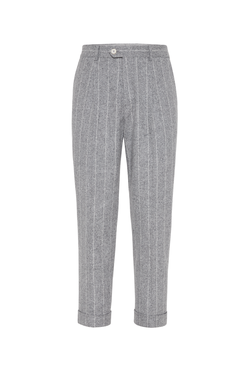Brunello Cucinelli Flecked silk, wool and cashmere chalk stripe flannel leisure fit trousers with pleat, Main, color, 