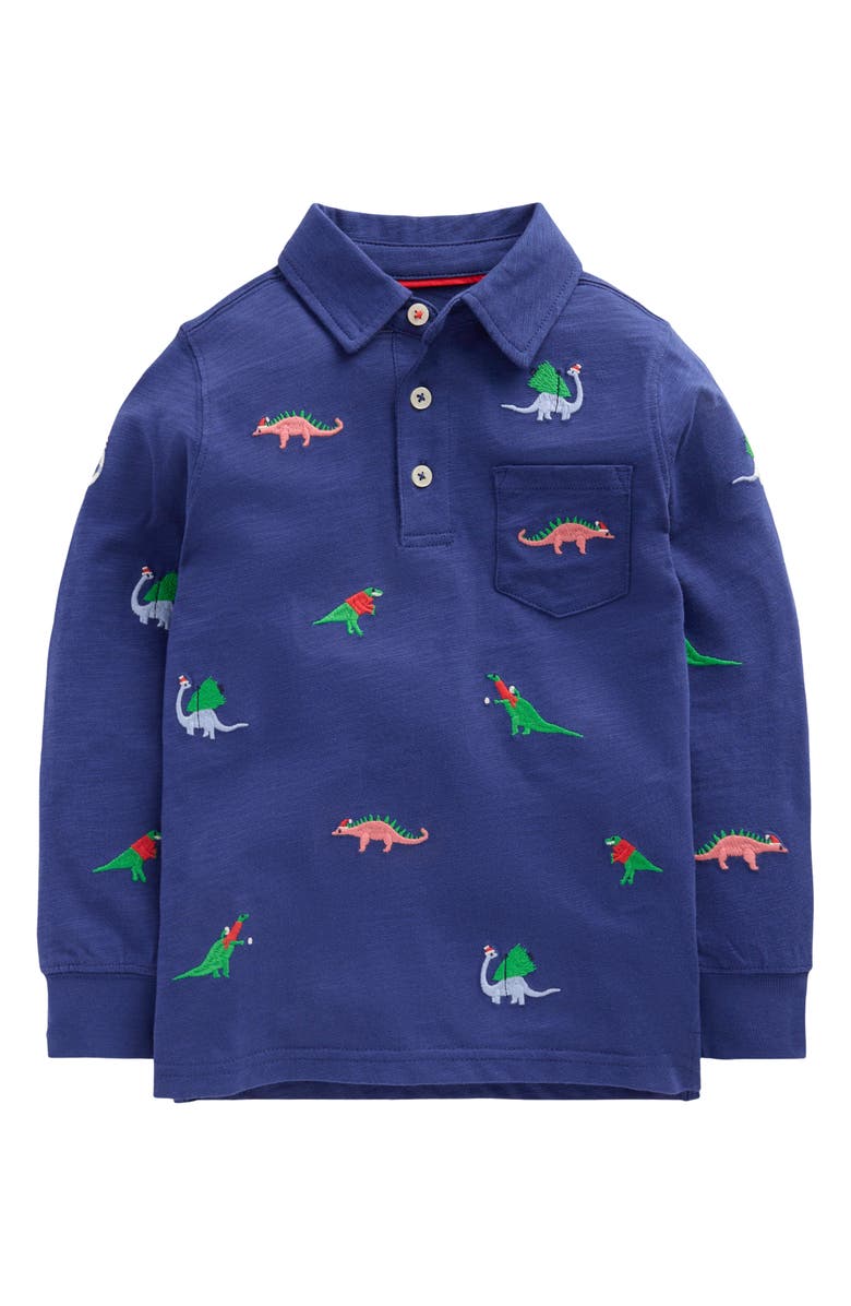 Mini Boden Kids' Embroidered Slub Polo, Main, color, Starboard Blue Dino
