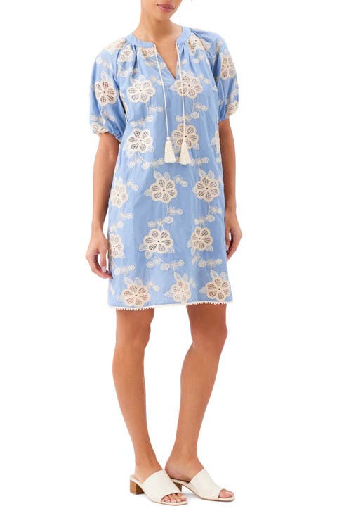 Embroidered Puff Sleeve Tassel Tie Dress