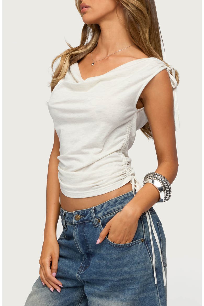 Royan Cowl Neck Ruched Drawstring Top, Alternate, color, LIGHT-GRAY-MELANGE