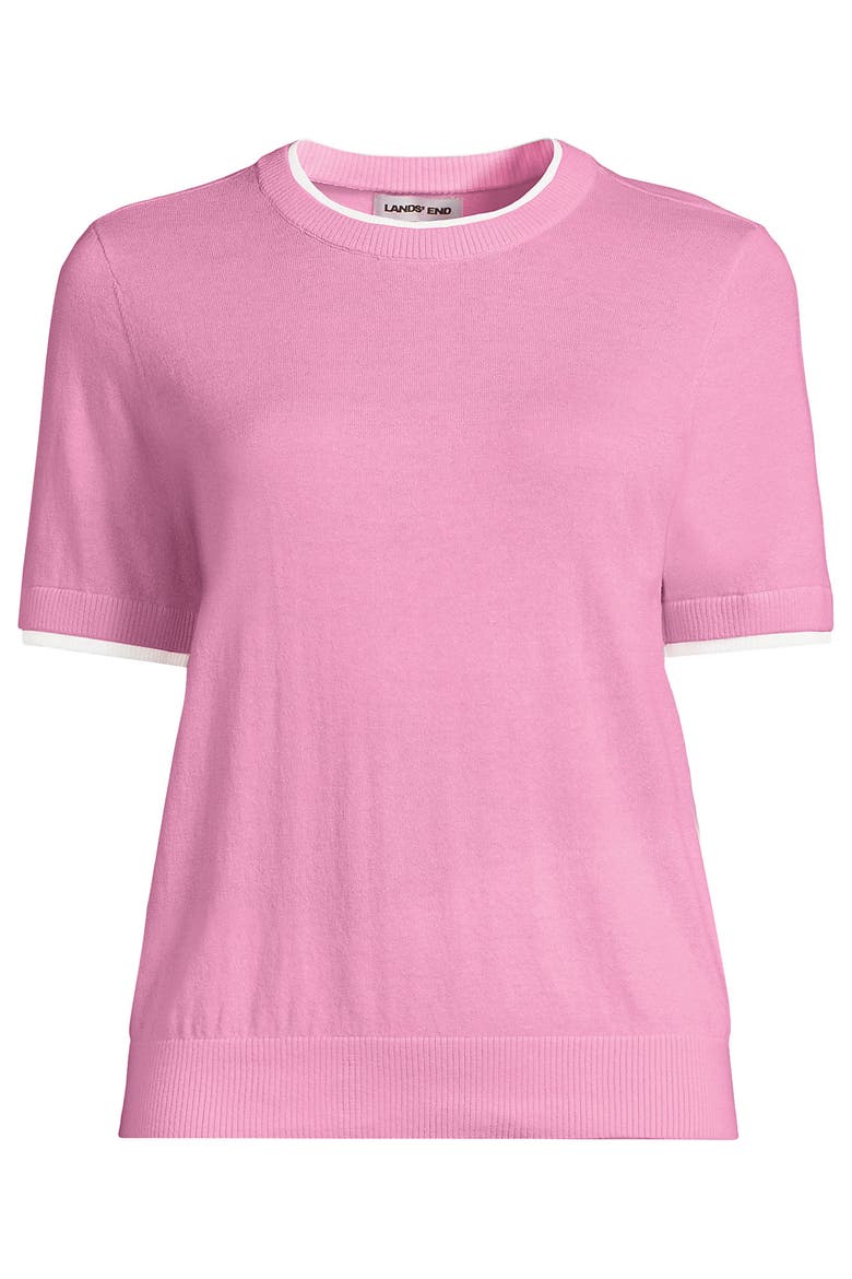 Double Trim Cotton Crew Neck Tee Sweater, Alternate, color, Seaside Pink/White