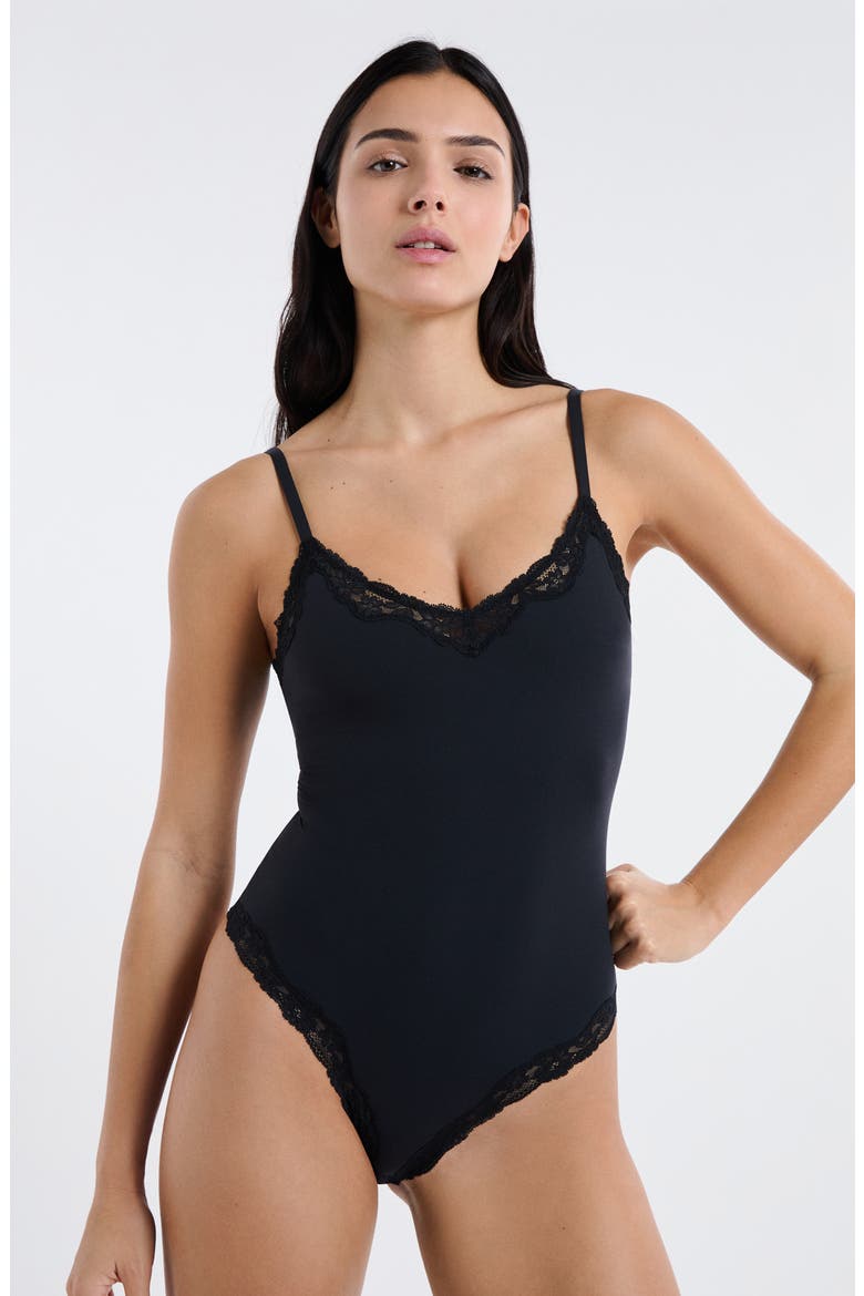 Lace Trim Bodysuit, Alternate, color, BLACK