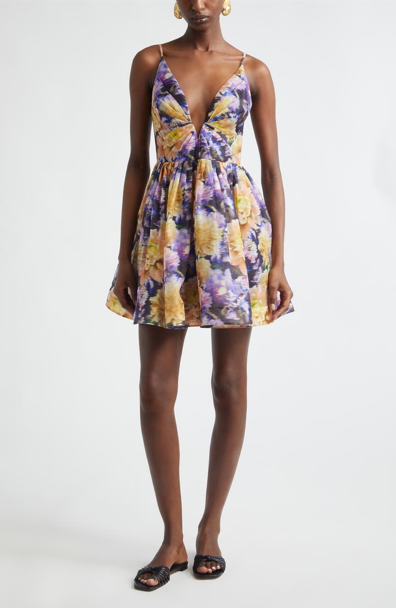 Zimmermann Luna Floral Plunge Neck Linen & Silk Minidress, Main, color, Navy Dahlia