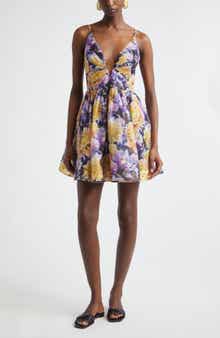 Luna Floral Plunge Neck Linen & Silk Minidress