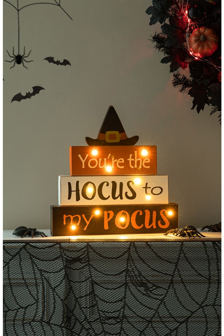 11.5"H  Halloween Wooden Lighted Witch/Word Block Table Decor w/Timer, Alternate, color, Brown