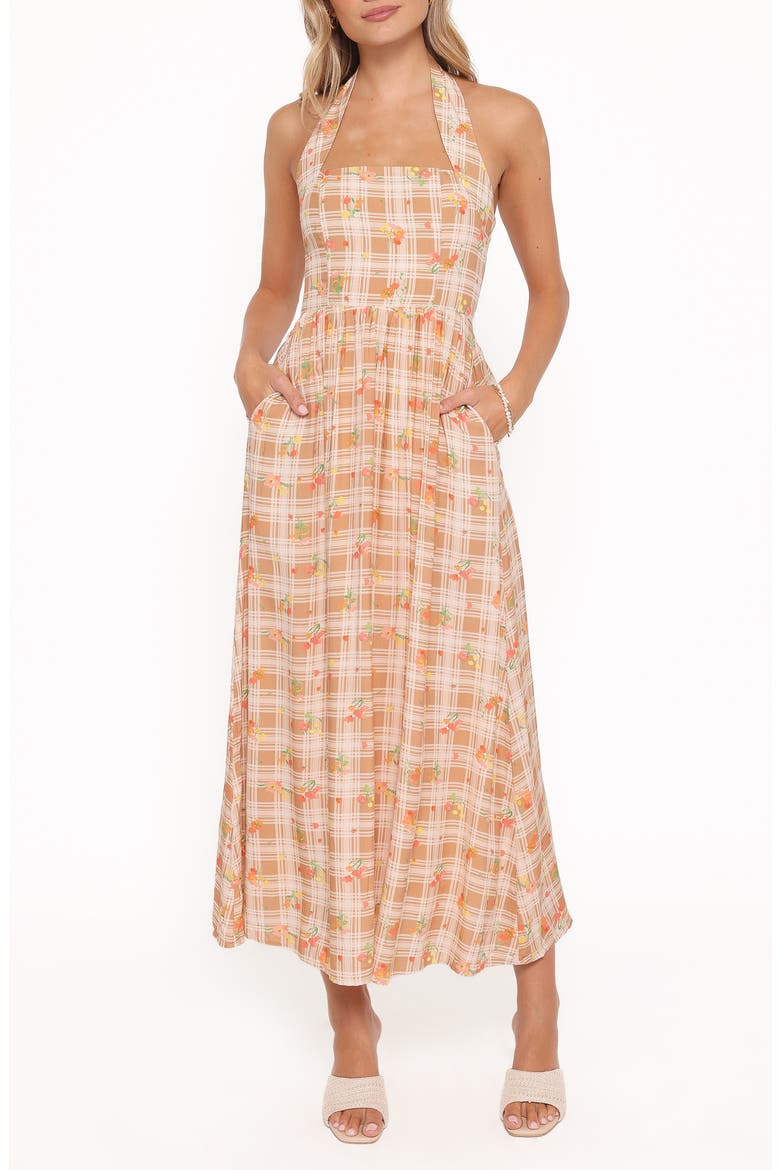 Gemini Floral Check Halter Neck Maxi Dress, Main, color, YELLOW FLORAL GINGHAM