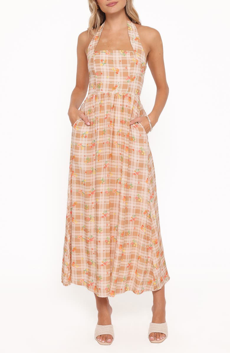 Petal & Pup Gemini Floral Check Halter Neck Maxi Dress, Main, color, Yellow Floral Gingham