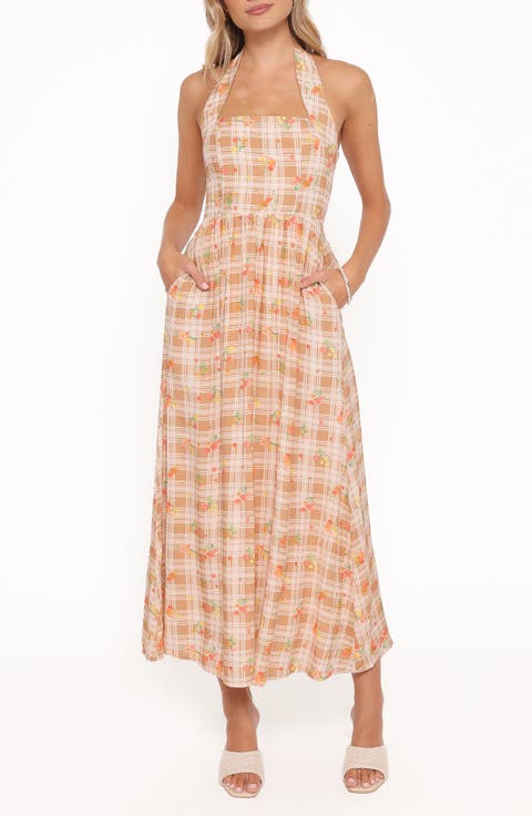 Gemini Floral Check Halter Neck Maxi Dress