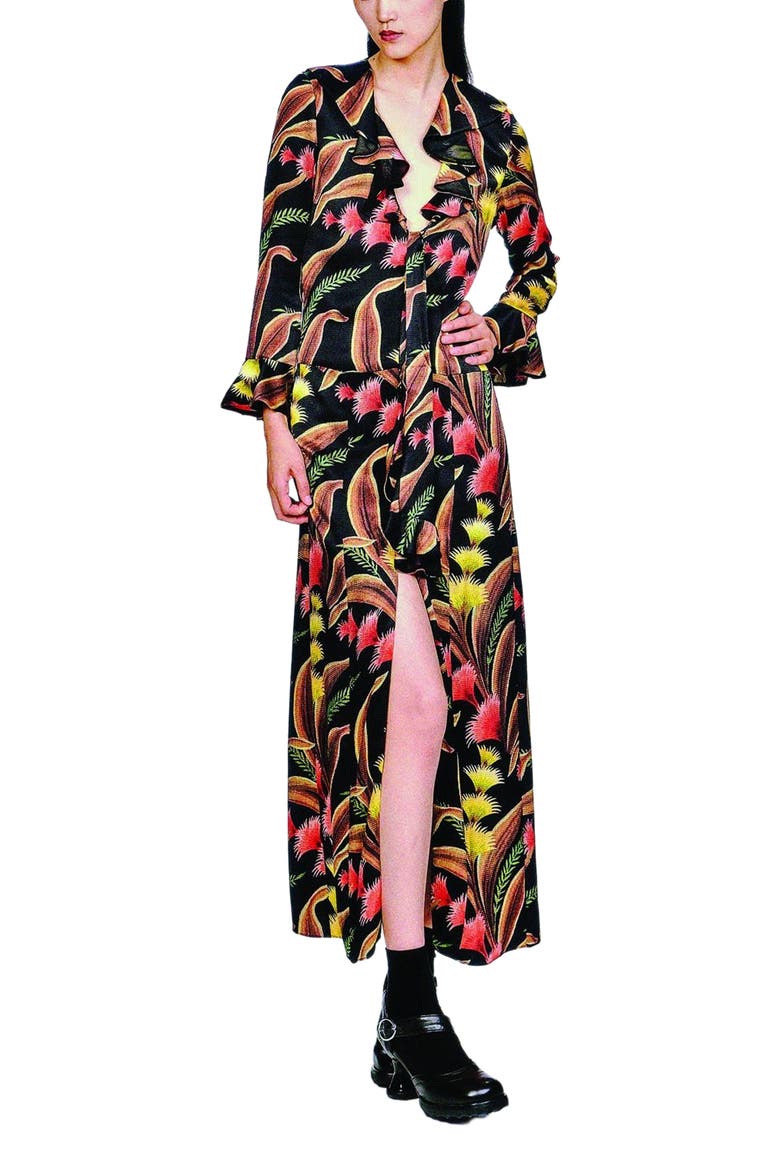 Feather Fern Ruffle Tie Dress, Alternate, color, Black Multi