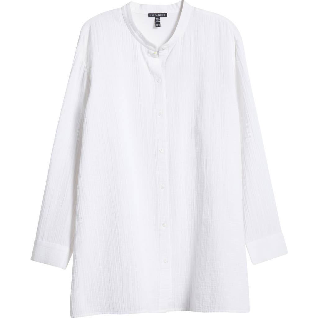 Eileen Fisher Mandarin Collar Textured Organic Cotton Tunic In White