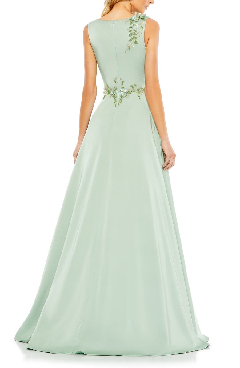 Mac Duggal Floral Applique Sleeveless A Line Gown, Alternate, color, Sage