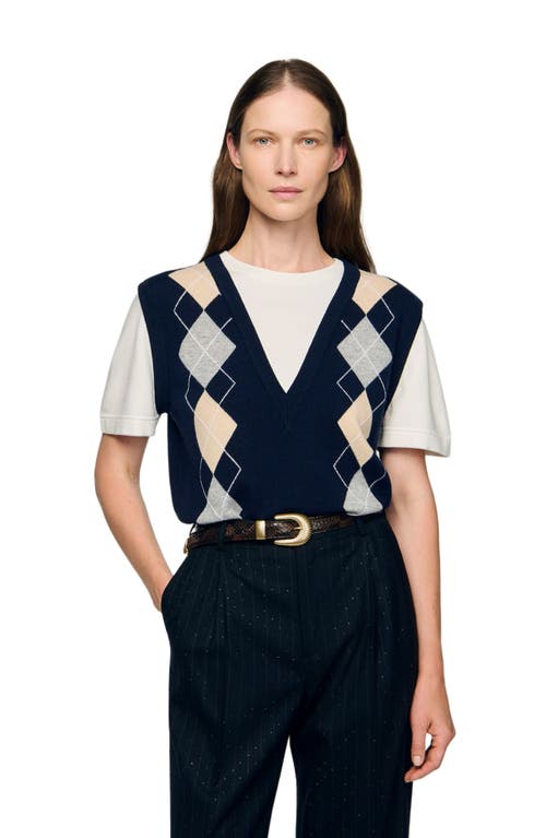 Sandro Argyle Layered Look Sweater Vest Top In Blue
