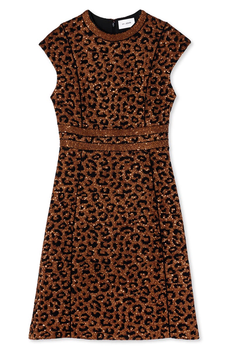 ST. JOHN Sequin Leopard Jacquard Cap Sleeve Dress, Alternate, color, Caramel/ Copper Multi
