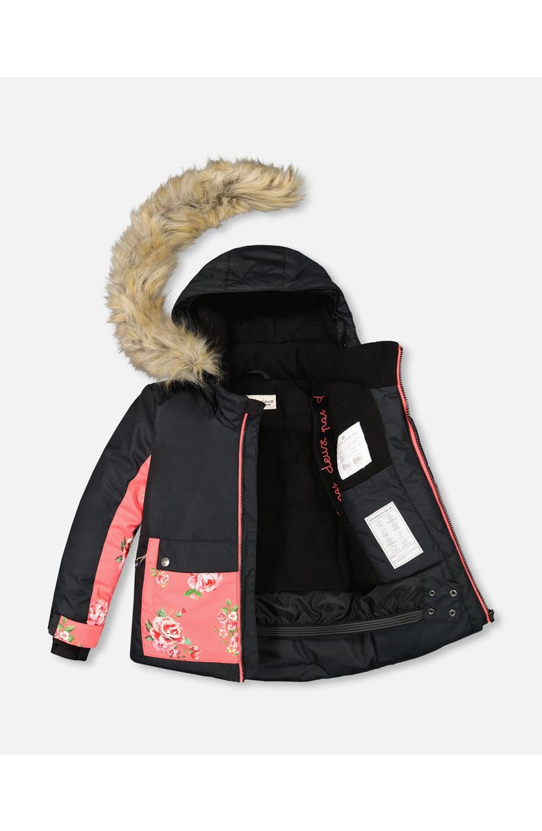Deux par Deux Girl's Two Piece Snowsuit Black With Print Pant Printed Coral Flowers, Alternate, color, 