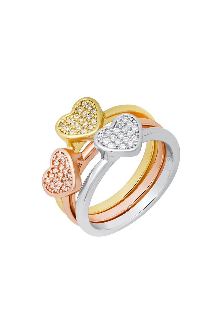 Set of 3 Tri-Tone Pavé Heart Rings, Alternate, color, ROSE GOLD MULTI