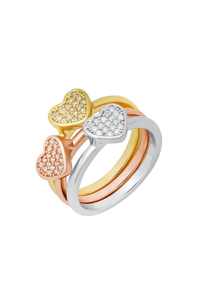 HMY JEWELRY Set of 3 Tri-Tone Pavé Heart Rings, Alternate, color, Rose Gold Multi
