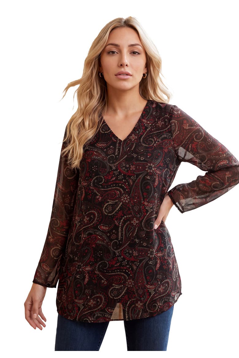 Plus Size Georgette V Neck Mesh Sleeve Tunic, Main, color, BLACK FLORAL PAISLEY