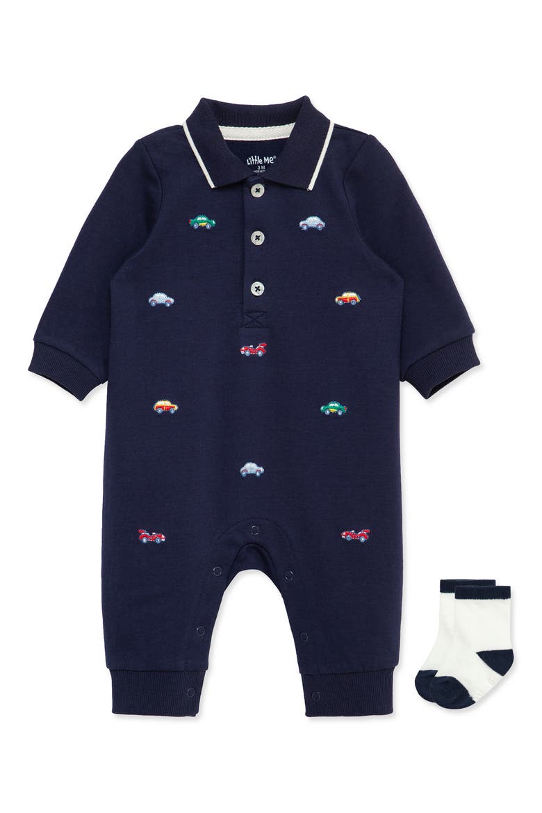 Cars Embroidered Romper & Socks Set, Main, color, BLUE