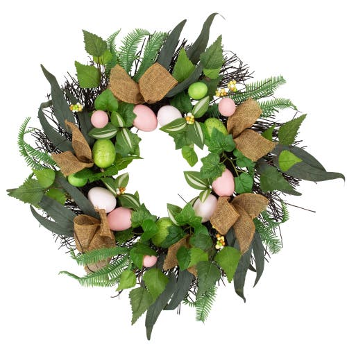 Northlight Easter Egg And Burlap Ribbon Mixed Foliage Twig Wreath In Green