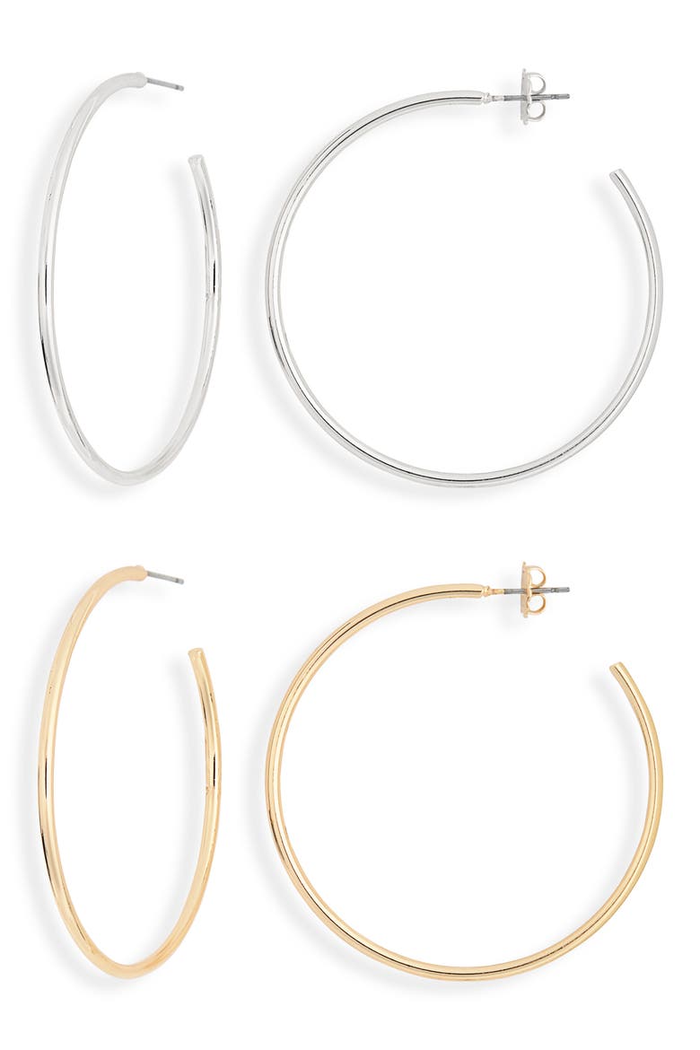 Set of 2 Thin Silvertone & 14k Gold Hoop Earrings, Main, color, GOLD- SILVER