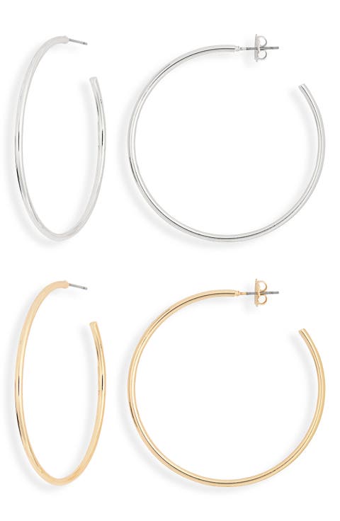 Set of 2 Thin Silvertone & 14k Gold Hoop Earrings