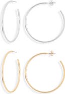 Leith Set of 2 Thin Silvertone & 14k Gold Hoop Earrings