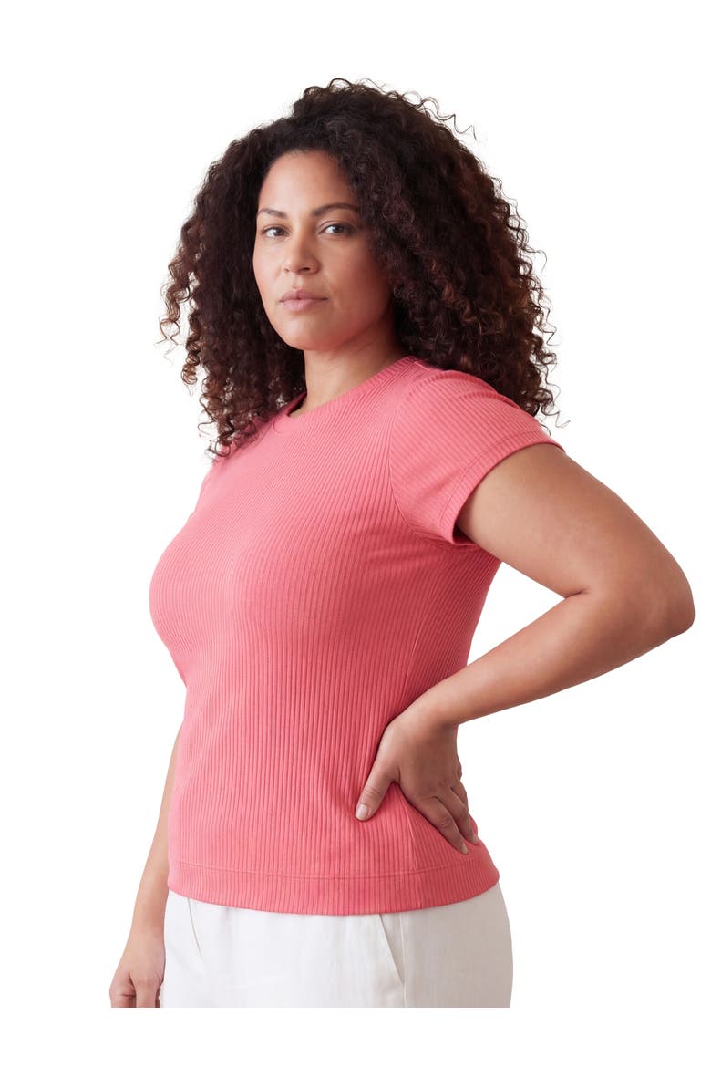 Curvy Basic Ribbed Knit Round Neck Short Sleeve Top, Alternate, color, Coral