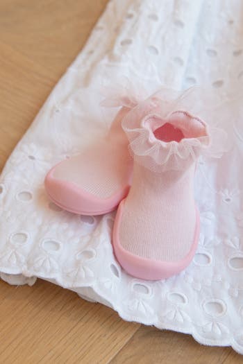 Toddler Girl Sock Shoes Tulle Trim - Beige
