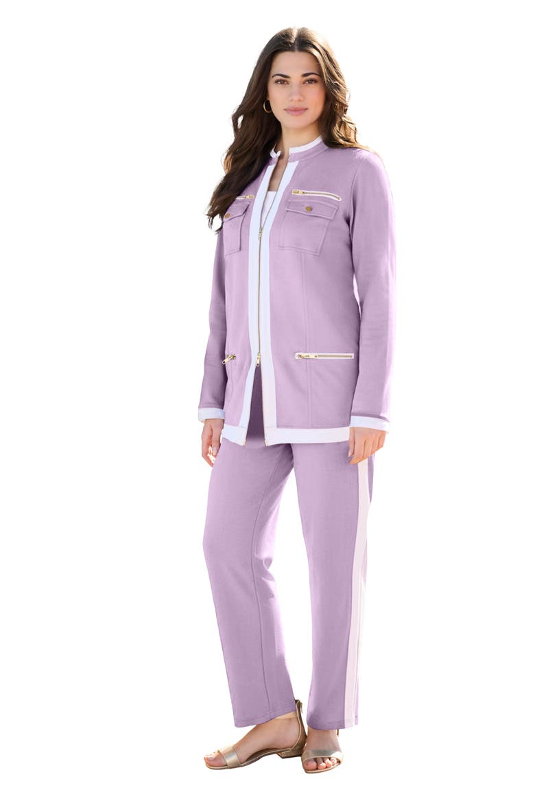 Side Stripe French Terry Pull On Pant Set, Main, color, PALE LAVENDER WHITE