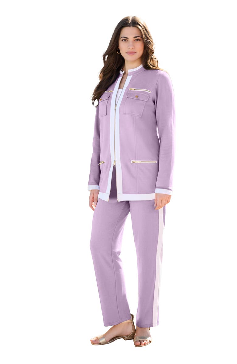 Roaman's Side Stripe French Terry Pull On Pant Set, Main, color, Pale Lavender White