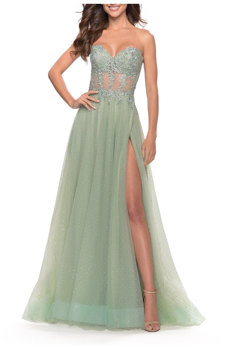 La Femme Rhinestone Tulle Gown with Sheer Lace Bodice, Main, color, Sage