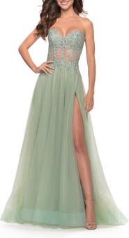 La Femme Rhinestone Tulle Gown with Sheer Lace Bodice