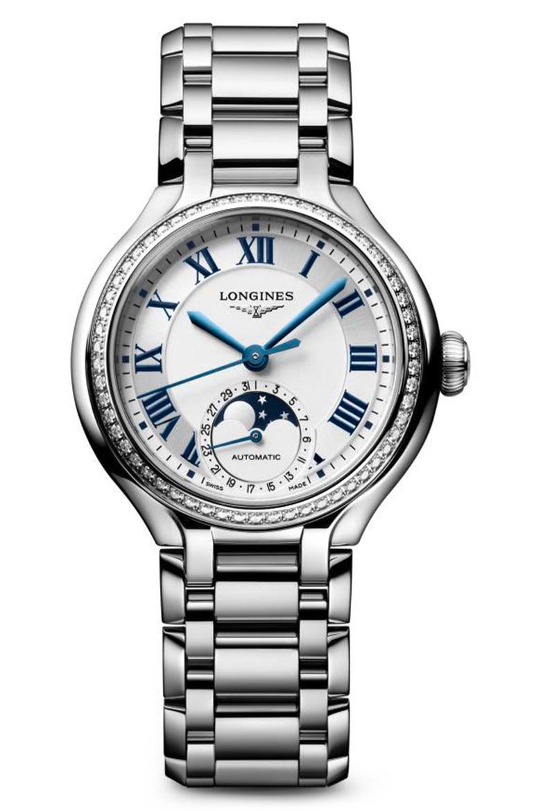 PrimaLuna Moonphase Diamond Bezel Bracelet Watch, 34mm, Main, color, SILVER