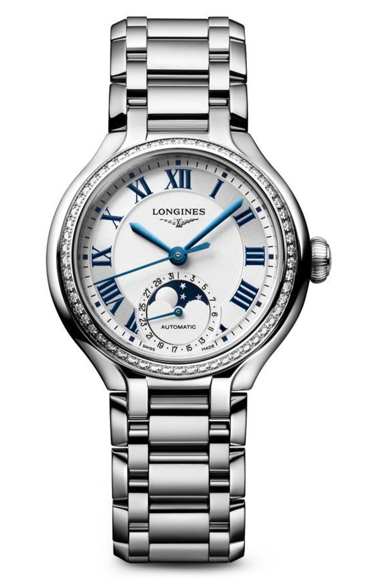 Longines PrimaLuna Moonphase Diamond Bezel Bracelet Watch, 34mm, Main, color, Silver