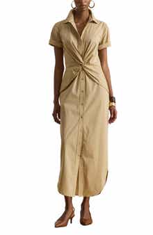 Twist Front Cotton Blend Shirtdress